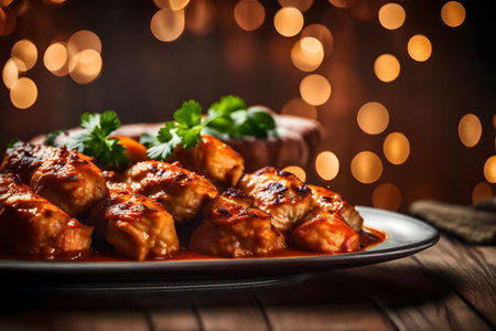 ?This text is about someone taking a close-up picture of a delicious dish called Chicken Tikka Masala. Additionally, there is a somewhat unclear background.. AI Generatedの素材