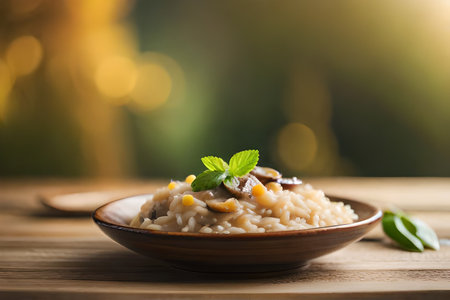 ?Take a close look at a picture of Mushroom Risotto. The photo was taken in a room that had a lot of light and had a special way of organizing things.. AI Generatedの素材