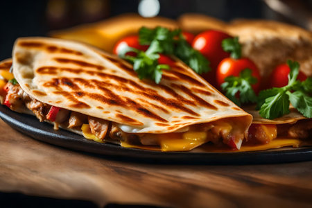 ?This picture shows a close-up of a tasty Chicken Quesadilla, with a nice blurred background.. AI Generatedの素材