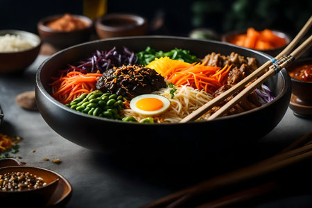 ?The camera is moving closer to Bibimbap, which is a famous food from Korea. The space behind is not easily visible or hard to see.. AI Generatedの素材