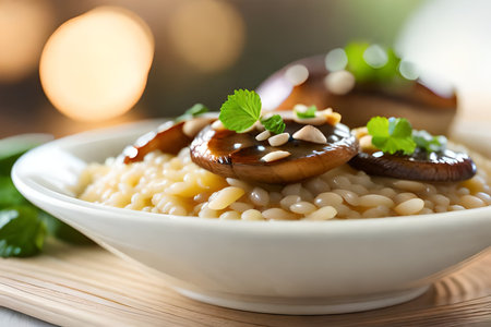 ?Look closely at a photo of Mushroom Risotto. The picture was clicked in a bright room with a unique system of arranging items.. AI Generatedの素材