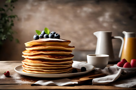 ?A tall pile of soft pancakes from America is placed on a simple table in a kitchen with a cozy atmosphere.. AI Generatedの素材