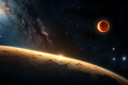?A pretty view of a distant exoplanet showing a part of it that is illuminated by its parent star.. AI Generatedの素材