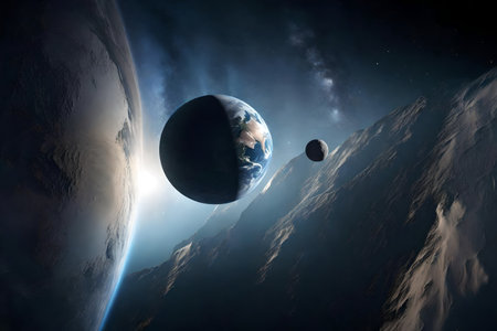?A peaceful picture of the Earth and Moon side by side, showing how beautiful they look from outer space.. AI Generatedの素材