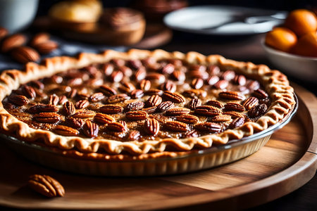 ?The camera zooms in on a delicious Pecan Pie while in the distance, there is a lovely restaurant.. AI Generatedの素材