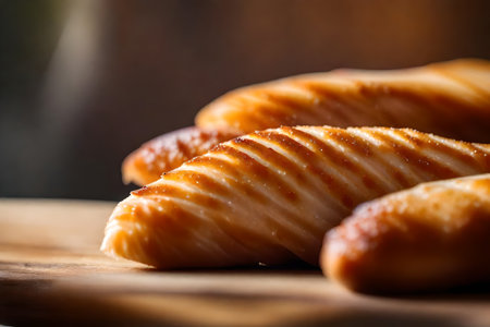 ?This picture shows some close-up of chicken tenders. The room is very well lit with bright lights.. AI Generatedの素材
