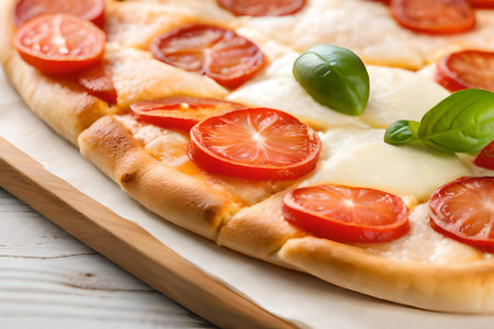 ?We are paying a lot of attention to a Margherita Pizza, which is set against a well-lit studio background.. AI Generatedの素材