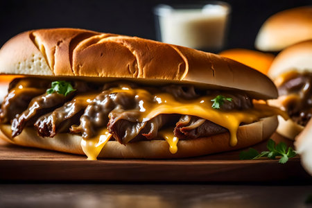 ?This is a close-up photo of a Philly Cheesesteak sandwich. The studio has a very bright light in the background.. AI Generatedの素材