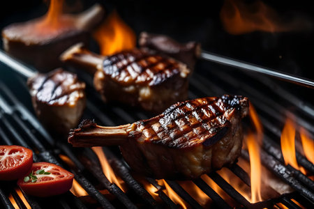 ?This text is describing a close-up view of Grilled Lamb Chops being cooked on a grill. The grill has bursts of flame, which can be seen in the background.. AI Generatedの素材