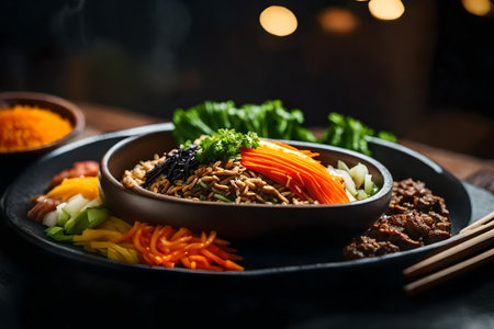 ?The camera is getting closer to Bibimbap, which is a popular food from Korea. Understanding what is going on behind something can be hard.. AI Generatedの素材