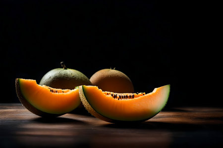 ?The camera zooms in on a Cantaloupe fruit, against a dark background in a studio.. AI Generatedの素材
