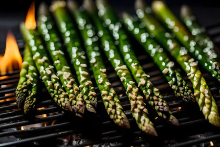 ?The camera moves nearer to the Grilled Asparagus. The asparagus is being cooked on a barbecue and there are flames in the background.. AI Generatedの素材