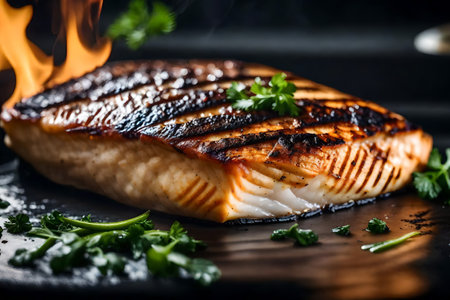 ?The text is saying that the camera is focusing close on a grilled Mahi fish. It is being cooked on a grill with fire in the back.. AI Generatedの素材