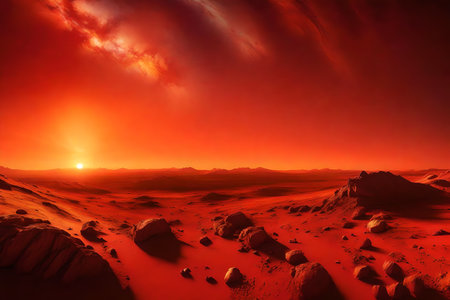 ?The picture shows the sun setting on Mars. In the picture, the sky and ground meet. It has colors of red and gold on it.. AI Generatedの素材