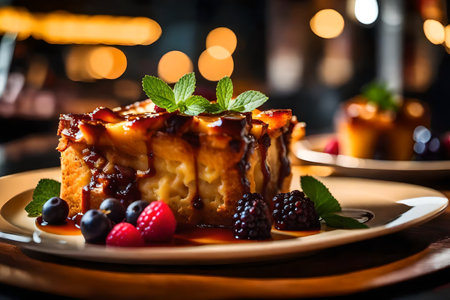 ?The camera zooms in on a tasty dessert called Bread Pudding, and there is a lovely restaurant far away.. AI Generatedの素材