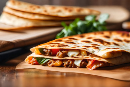 ?The camera is getting closer to a picture of a Quesadilla. There is a bright light shining from behind it in the studio.. AI Generatedの素材