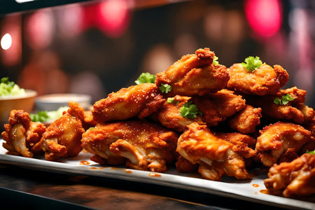 ?On top of a shiny counter in a food truck, there is a plate of crunchy Korean fried chicken.. AI Generatedの素材