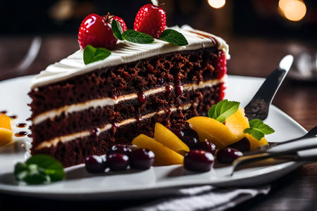 ?The camera is zoomed in on a delicious black forest cake. There is a pretty restaurant in the distance that you can see.. AI Generatedの素材