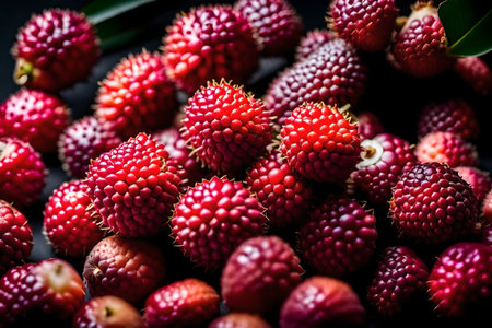 ?In this picture, there is a close-up view of lychees. The lychees are the main focus and they are placed on a dark studio background.. AI Generatedの素材