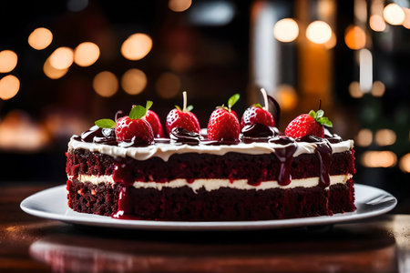 ?The camera is focusing closely on a yummy chocolate cake with cherries on top. There is a beautiful restaurant far away that you can look at.. AI Generatedの素材