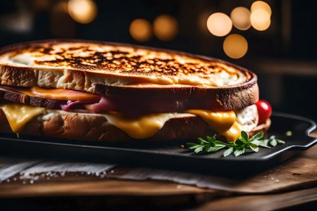 ?I want to capture a nice photo of a Croque Monsieur sandwich close, with a blurry and attractive background. Can you simplify this text so it's easier to understand. Can you please make the text below easier to understand.. AI Generatedの素材