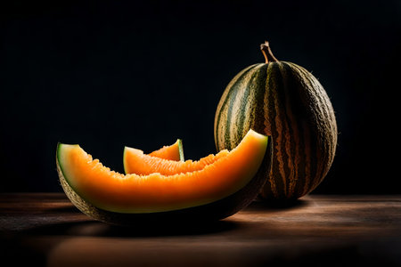 ?The camera moves closer to a Cantaloupe fruit, which is in front of a dark background in a studio.. AI Generatedの素材