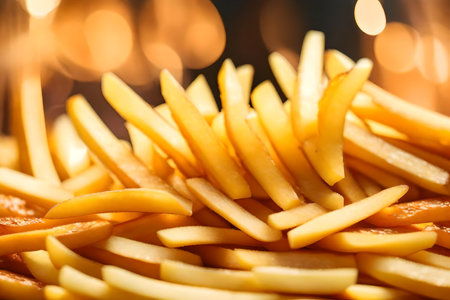 ?The picture is zoomed in on some French fries. They are posed in a studio with a light background. Creative resource, AI Generatedの素材