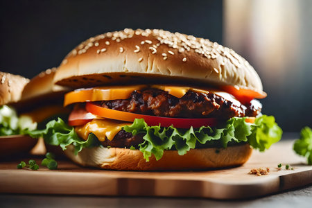?The camera is pointing at a Veggie Burger with a very bright light shining in the background of a studio.. AI Generatedの素材