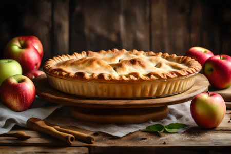 ?A piece of classic American apple pie is shown on a vintage wooden pie holder.. AI Generatedの素材