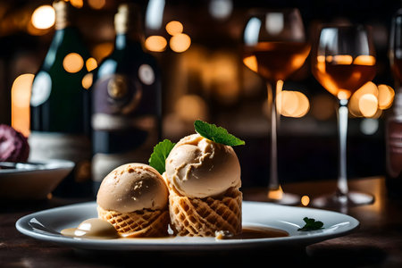 ?A detailed look at Prune Armagnac Ice Cream, with a fancy restaurant in the background.. AI Generatedの素材