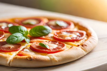 ?We are focusing a lot on a cheese pizza named Margherita. It is placed in front of a brightly lit background in a studio.. AI Generatedの素材