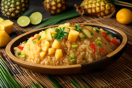 ?A tasty Thai meal called pineapple fried rice is served in a bowl on a tray made from bamboo.. AI Generatedの素材