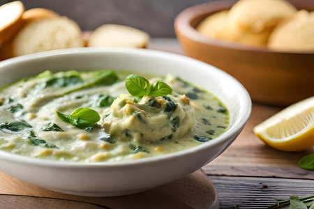 ?The picture shows a close-up of a tasty dip made with spinach and artichoke. There is a strong light shining in the background.. AI Generatedの素材