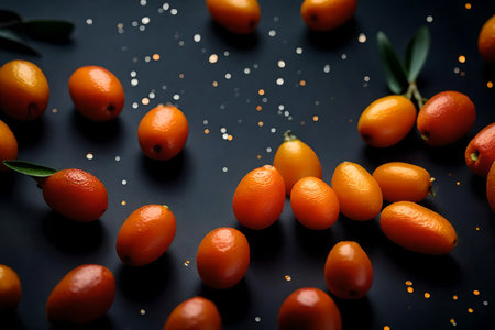 ?Macro photography is when we use a camera to take really close-up pictures of kumquats in a studio that has a dark background.. AI Generatedの素材