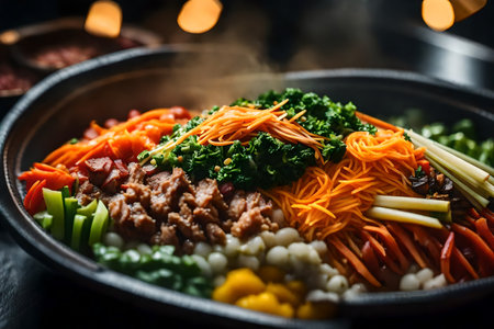 ?The camera is moving closer to capture a tasty and well-liked Korean meal called Bibimbap. Sometimes, it can be hard to learn and understand things. Sometimes it's difficult to understand why they occur.. AI Generatedの素材