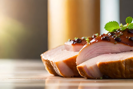 ?Look closely at a small piece of pork in a room. The room is really bright because there is a strong and shining light at the back.. AI Generatedの素材