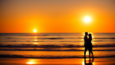 silhouette of a couple on the beach at sunset. AI Generatedの素材