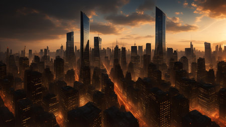 futuristic city skyline with advanced technology and towering skyscrapers. AI Generatedの素材