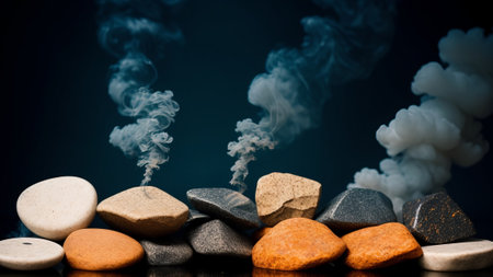 Abstract minimal concept. Dark background with natural granite stones podium on water and smoke surrounding. AI Generatedの素材