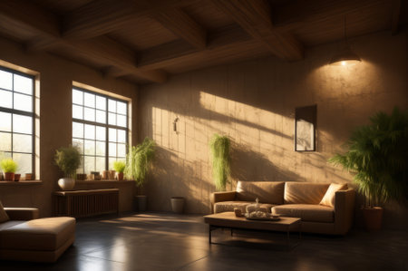 Brown concrete stucco wall and pot with plant, interior background of living room. AI Generatedの素材