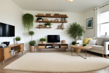 Interior design of living room with wooden shelf. Wall decor with green grass in white plant pot. AI Generatedの素材