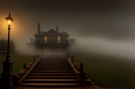 A spooky mansion at night. Spooky staircase with fog and a glowing ghostly apparition. AI Generatedの素材