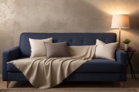 Fabric sofa with grey pillow and blanket against stucco wall. AI Generatedの素材