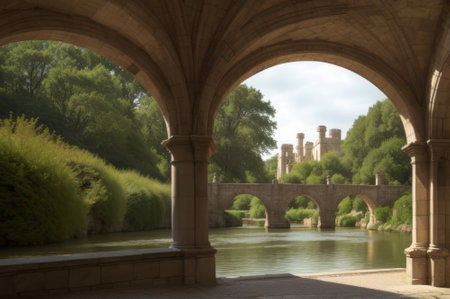 Wallpaper Classic drawing of a palace garden in the Baron style Stone arches overlooking the river and the nature with trees. AI Generatedの素材