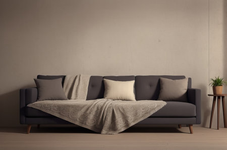 Fabric sofa with grey pillow and blanket against stucco wall. AI Generatedの素材