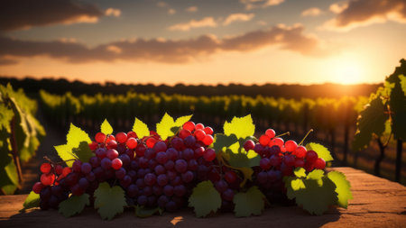Ripe grapes in vineyard at sunset. AI Generatedの素材