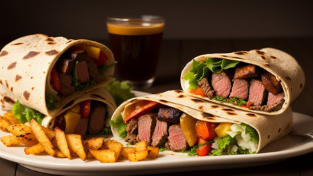 fresh grilled donner or shawarma beef wrap roll hot ready to serve and eat as wide banner. AI Generatedの素材