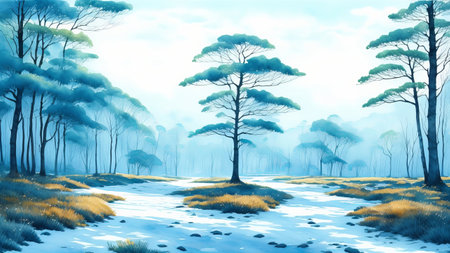 Blue landscape of foggy forest, winter hill. Wild nature, frozen, misty, taiga. watercolor background. AI Generatedの素材