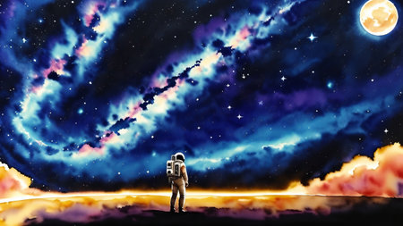 Astronaut in outer bokeh space, galaxy. Watercolor illustration, AI Generatedの素材