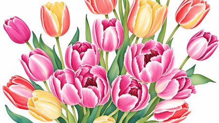 delicate pastel multicolor background with tulips. Watercolor illustration, AI Generatedの素材